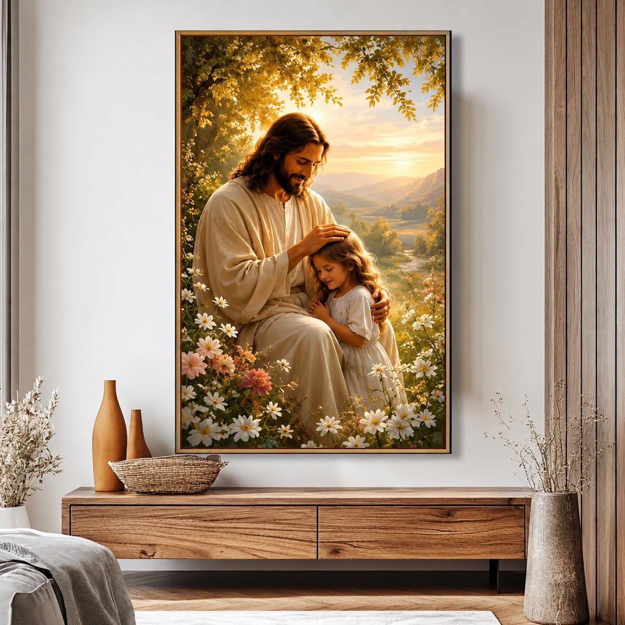 Tranh Công Giáo - Chúa Yêu Con Trẻ - Tranh In Canvas/ Tráng Gương